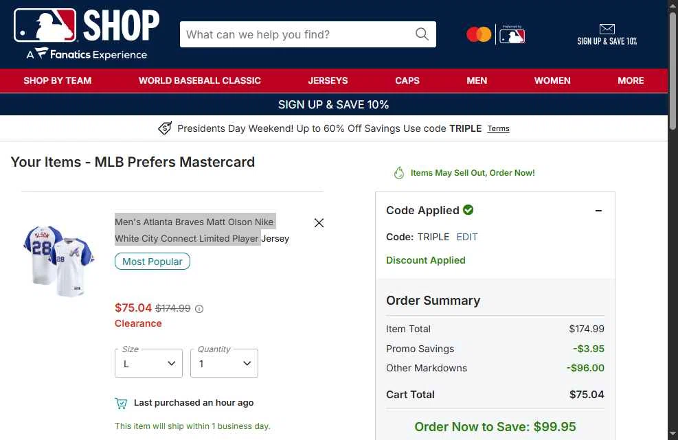 Atlanta Braves checkout page showing Atlanta Braves promo code box | Screenshot taken by SimplyCodes community member on Feb 13, 2026