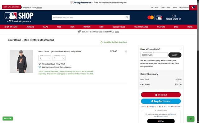 Atlanta Braves checkout page showing Atlanta Braves promo code box | Screenshot taken by SimplyCodes community member on Oct 5, 2025