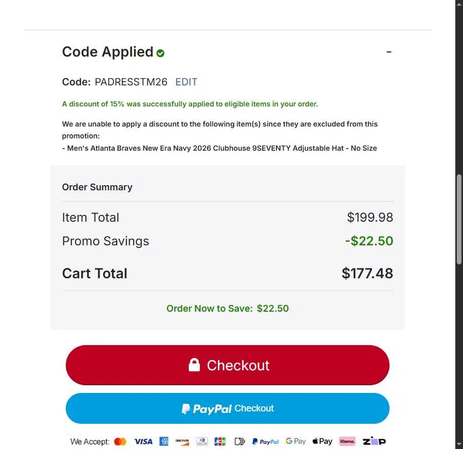 Atlanta Braves checkout page showing Atlanta Braves promo code box | Screenshot taken by SimplyCodes community member on Feb 24, 2026