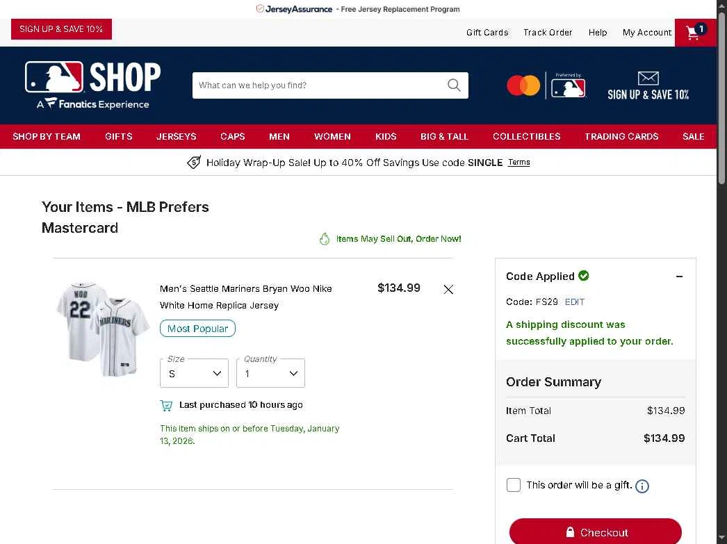 Atlanta Braves checkout page showing Atlanta Braves promo code box | Screenshot taken by SimplyCodes community member on Dec 29, 2025