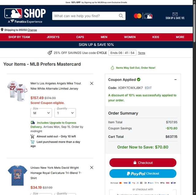 Atlanta Braves checkout page showing Atlanta Braves promo code box | Screenshot taken by SimplyCodes community member on Sep 10, 2025