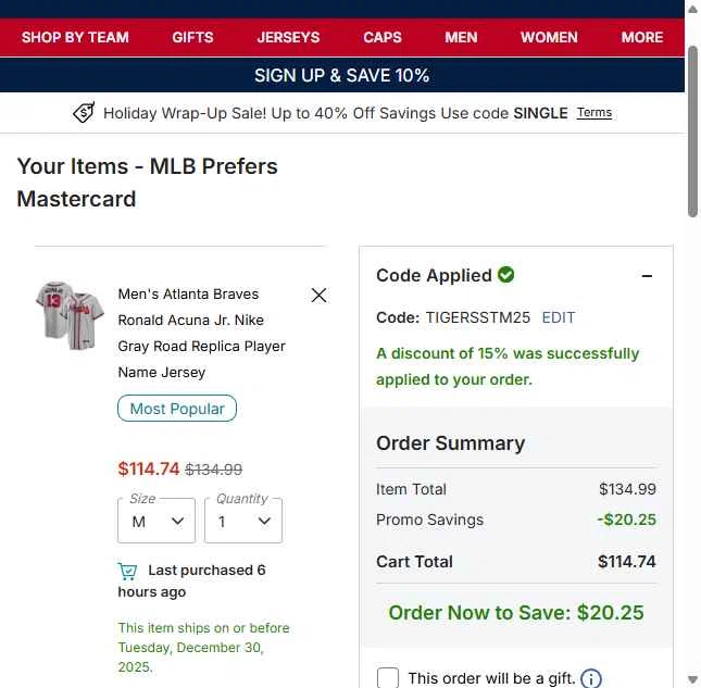 Atlanta Braves checkout page showing Atlanta Braves promo code box | Screenshot taken by SimplyCodes community member on Dec 26, 2025