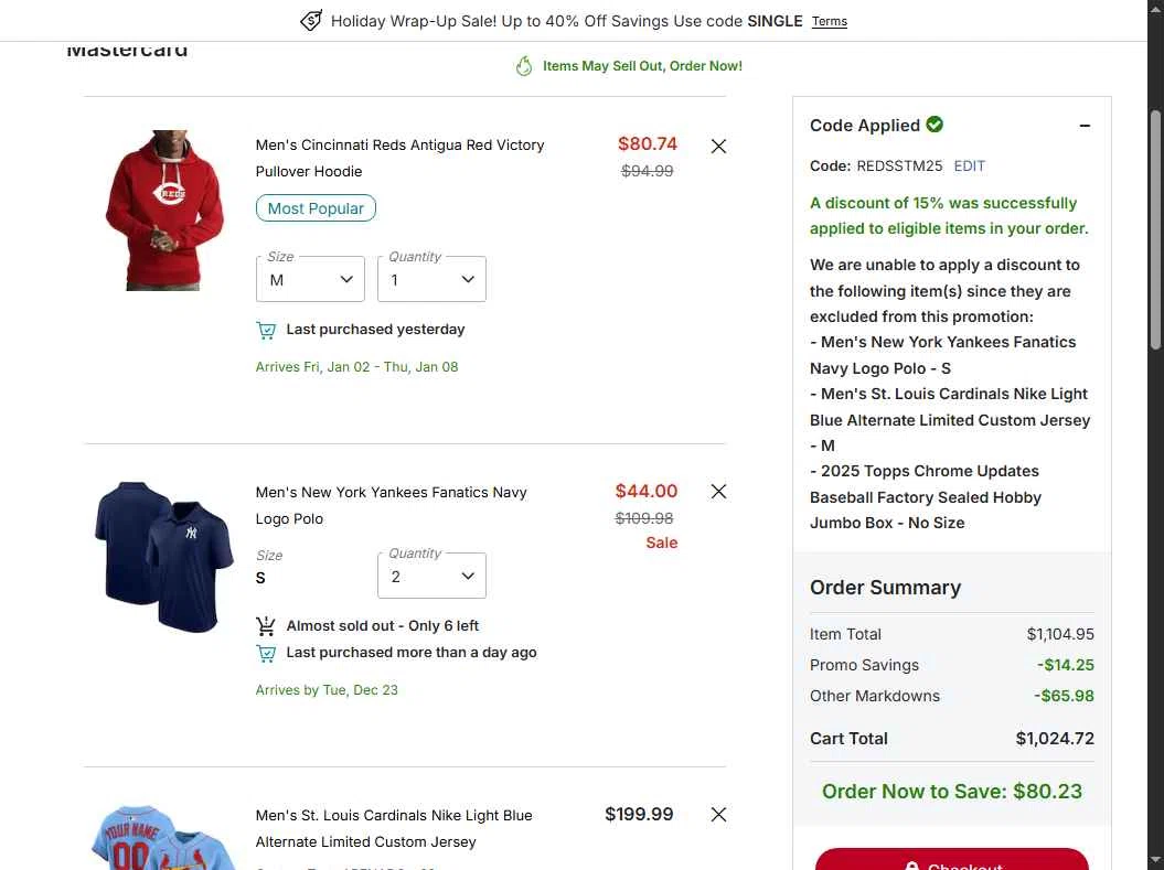 Atlanta Braves checkout page showing Atlanta Braves promo code box | Screenshot taken by SimplyCodes community member on Dec 22, 2025