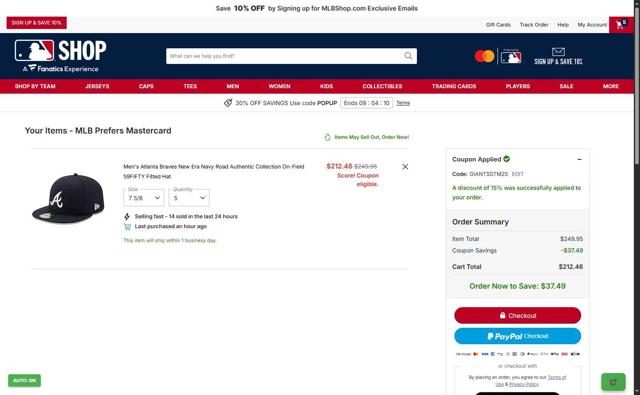 Atlanta Braves checkout page showing Atlanta Braves promo code box | Screenshot taken by SimplyCodes community member on Oct 3, 2025