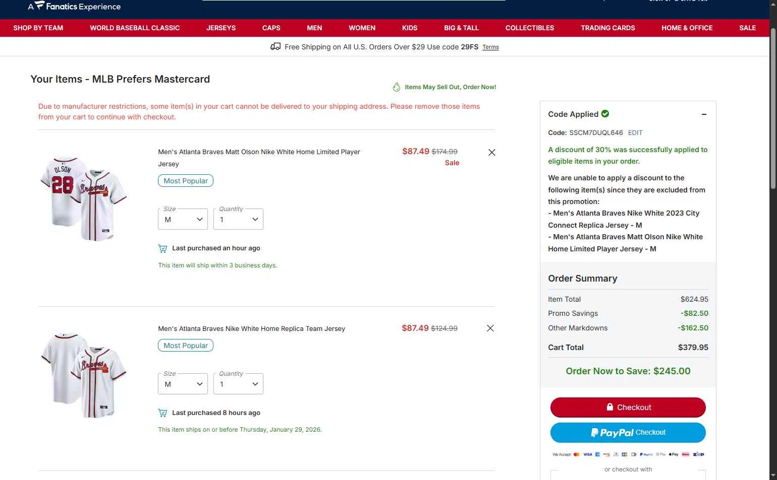 Atlanta Braves checkout page showing Atlanta Braves promo code box | Screenshot taken by SimplyCodes community member on Jan 26, 2026