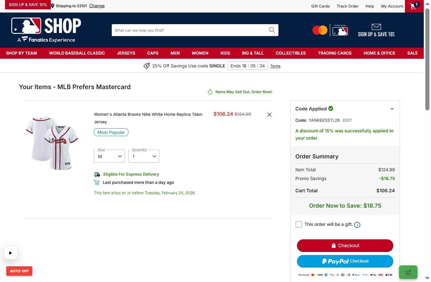 Atlanta Braves checkout page showing Atlanta Braves promo code box | Screenshot taken by SimplyCodes community member on Feb 24, 2026