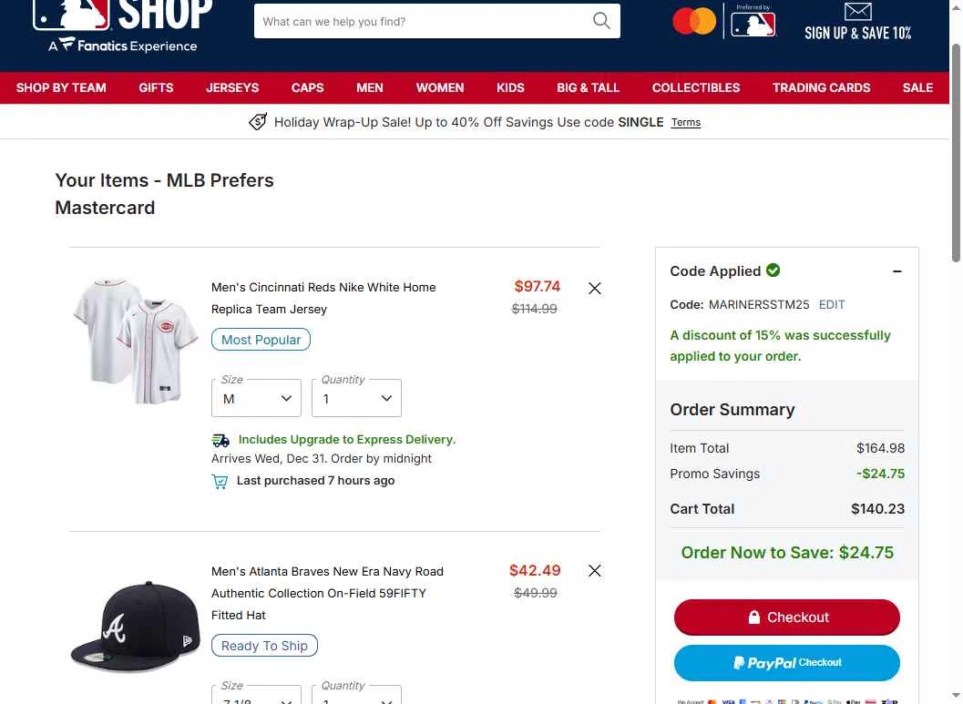 Atlanta Braves checkout page showing Atlanta Braves promo code box | Screenshot taken by SimplyCodes community member on Dec 27, 2025