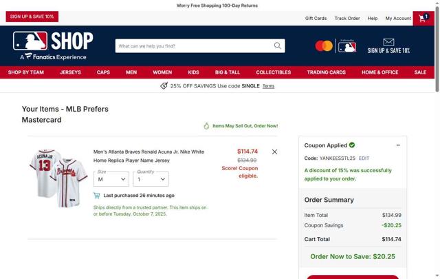 Atlanta Braves checkout page showing Atlanta Braves promo code box | Screenshot taken by SimplyCodes community member on Oct 5, 2025