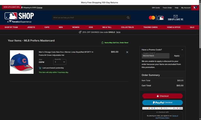 Atlanta Braves checkout page showing Atlanta Braves promo code box | Screenshot taken by SimplyCodes community member on Oct 5, 2025