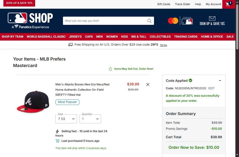 Atlanta Braves checkout page showing Atlanta Braves promo code box | Screenshot taken by SimplyCodes community member on Jan 27, 2026
