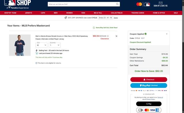 Atlanta Braves checkout page showing Atlanta Braves promo code box | Screenshot taken by SimplyCodes community member on Sep 10, 2025