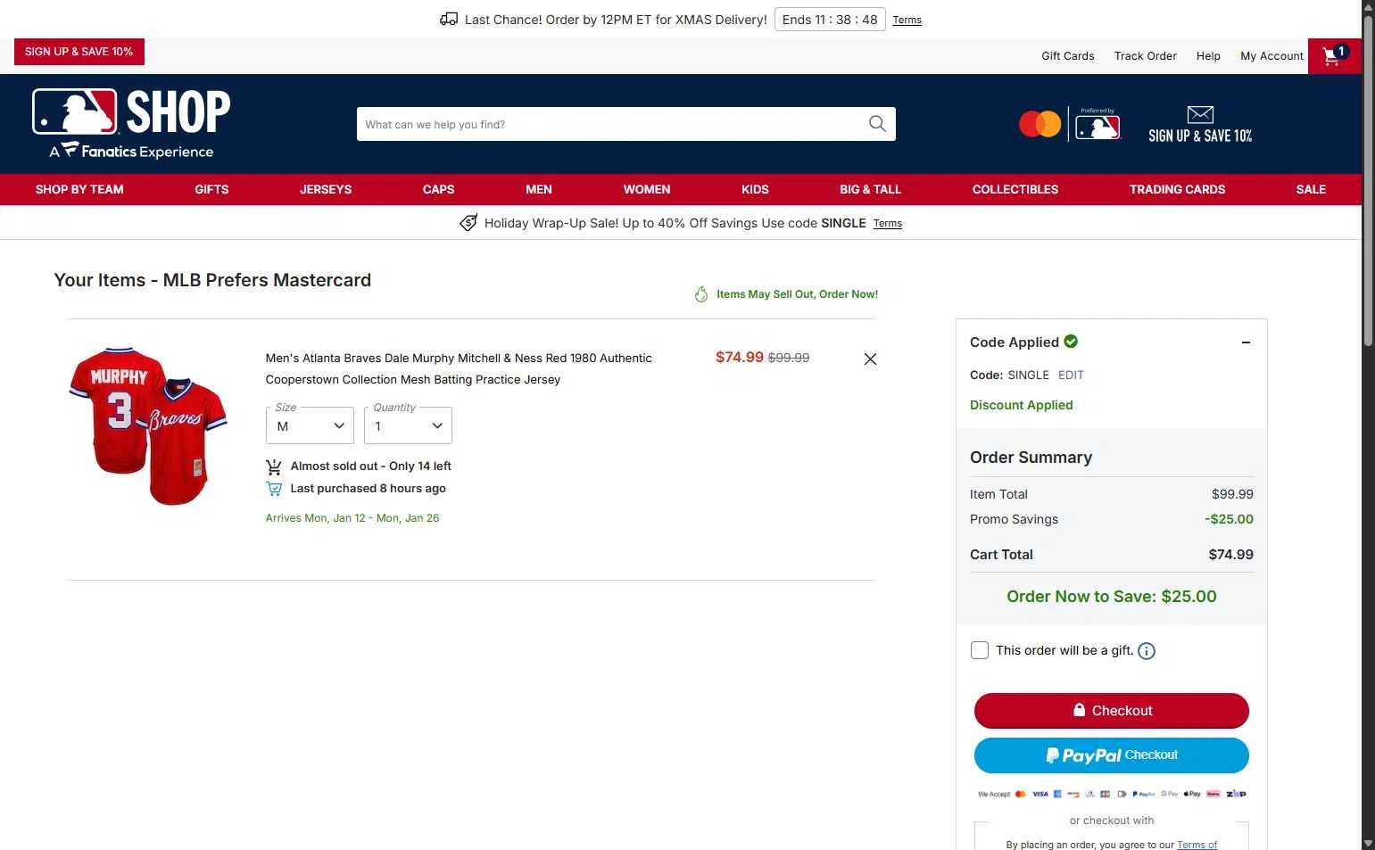 Atlanta Braves checkout page showing Atlanta Braves promo code box | Screenshot taken by SimplyCodes community member on Dec 22, 2025