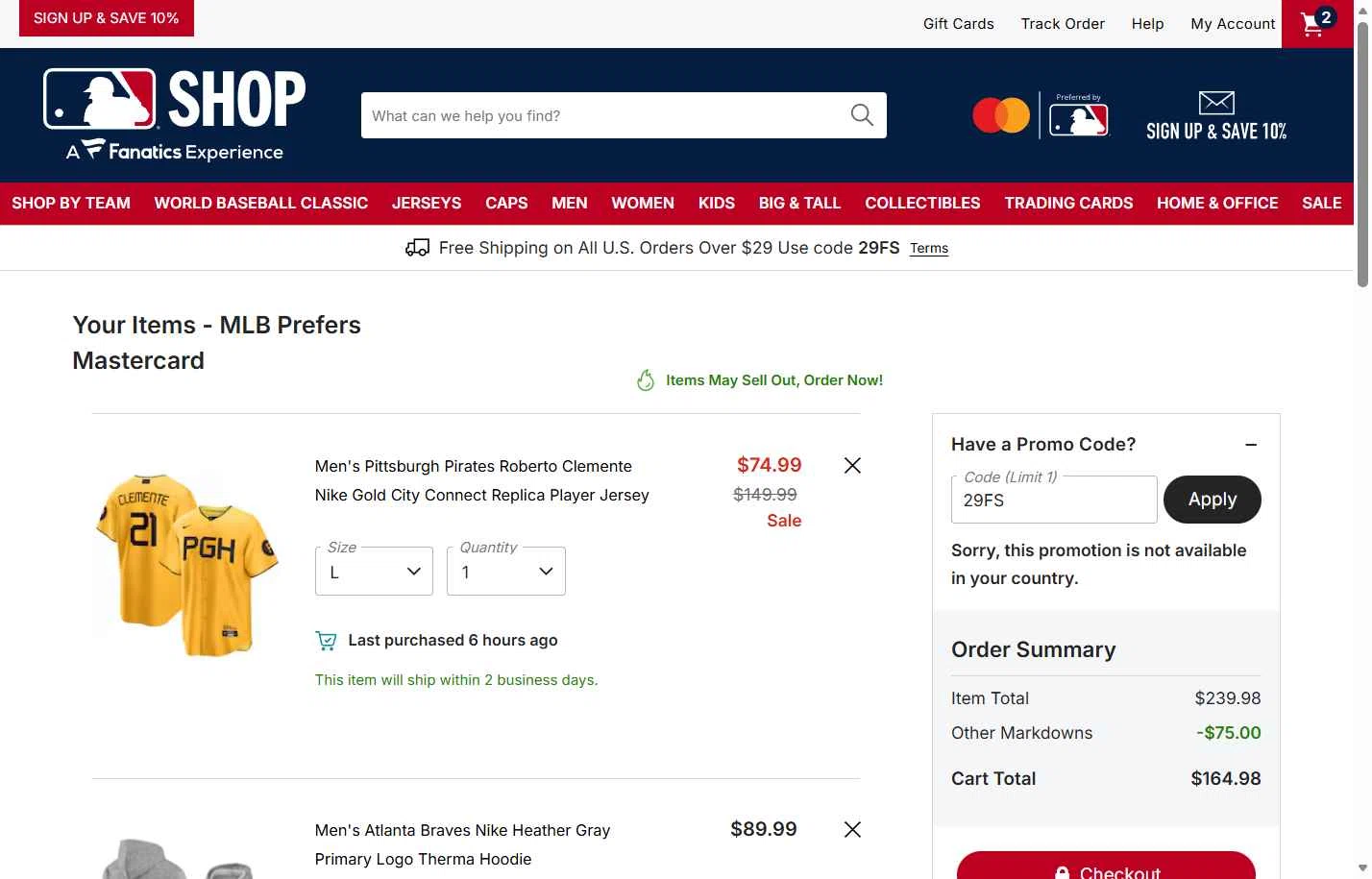 Atlanta Braves checkout page showing Atlanta Braves promo code box | Screenshot taken by SimplyCodes community member on Jan 25, 2026