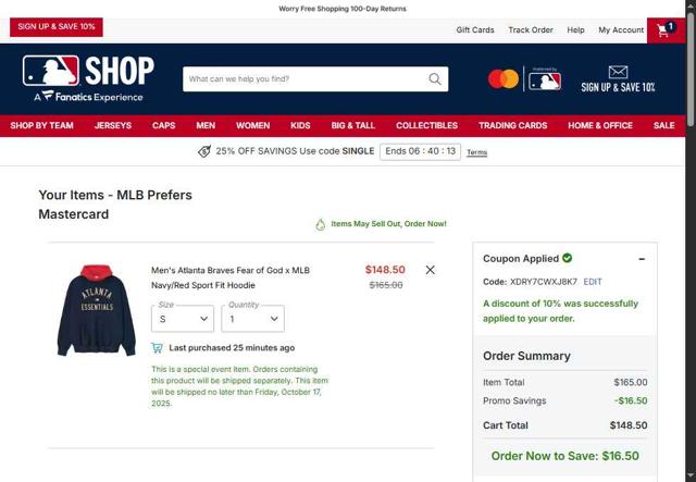 Atlanta Braves checkout page showing Atlanta Braves promo code box | Screenshot taken by SimplyCodes community member on Sep 10, 2025