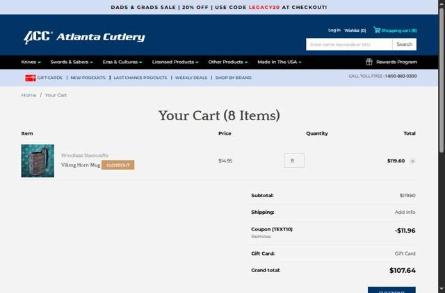 Atlanta Cutlery checkout page showing Atlanta Cutlery promo code box | Screenshot taken by SimplyCodes community member on Jun 13, 2025