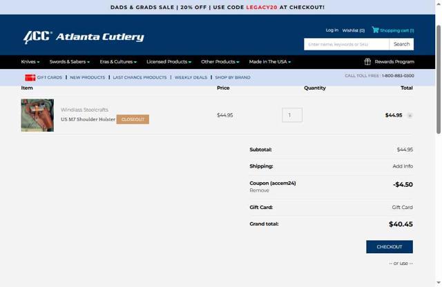 Atlanta Cutlery checkout page showing Atlanta Cutlery promo code box | Screenshot taken by SimplyCodes community member on Jun 13, 2025