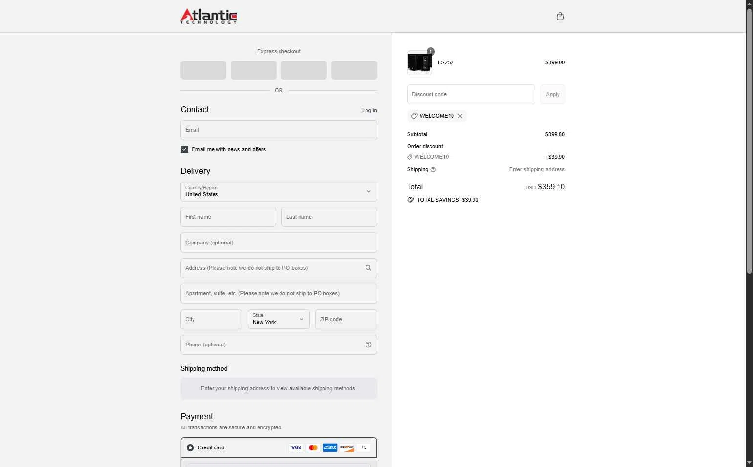 Atlantic Technology checkout page showing Atlantic Technology promo code box | Screenshot taken by SimplyCodes community member on Jul 21, 2025