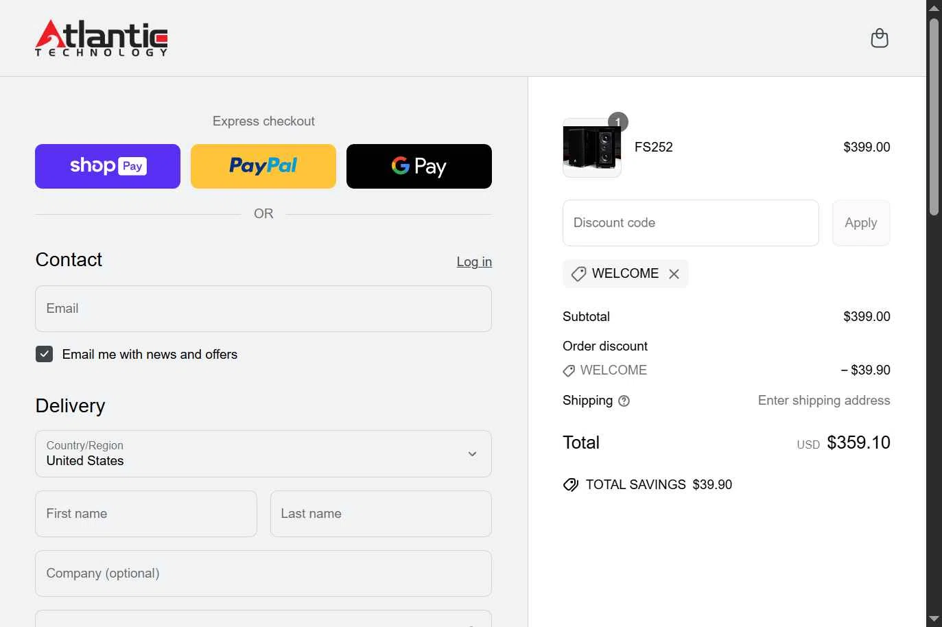 Atlantic Technology checkout page showing Atlantic Technology promo code box | Screenshot taken by SimplyCodes community member on May 24, 2025