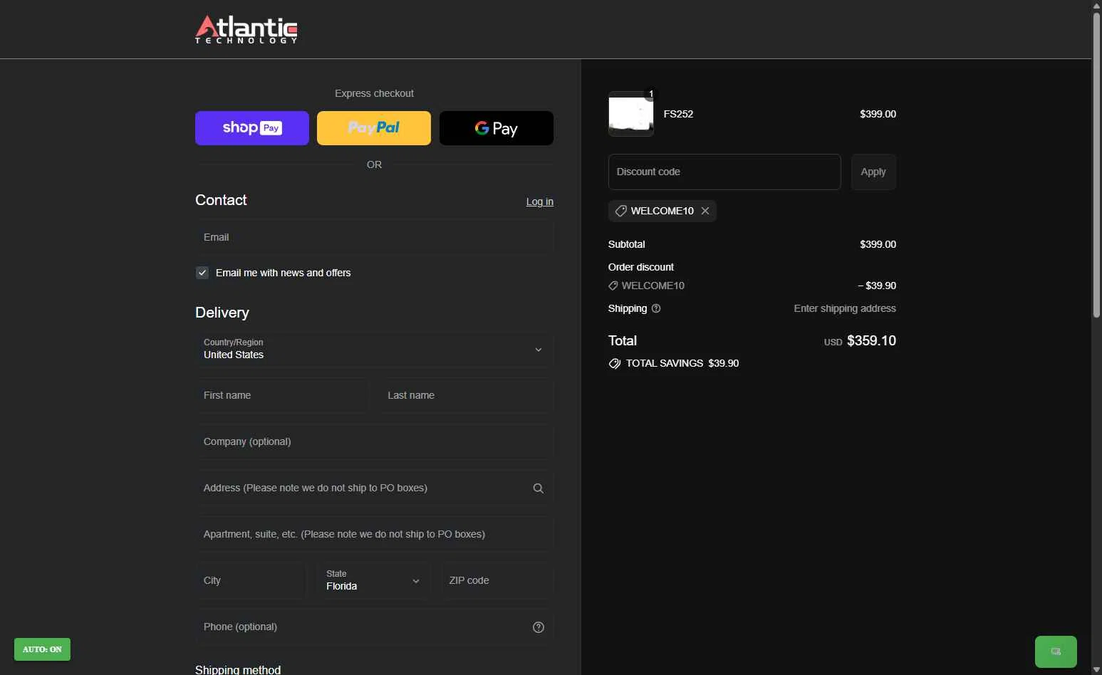 Atlantic Technology checkout page showing Atlantic Technology promo code box | Screenshot taken by SimplyCodes community member on Aug 19, 2025