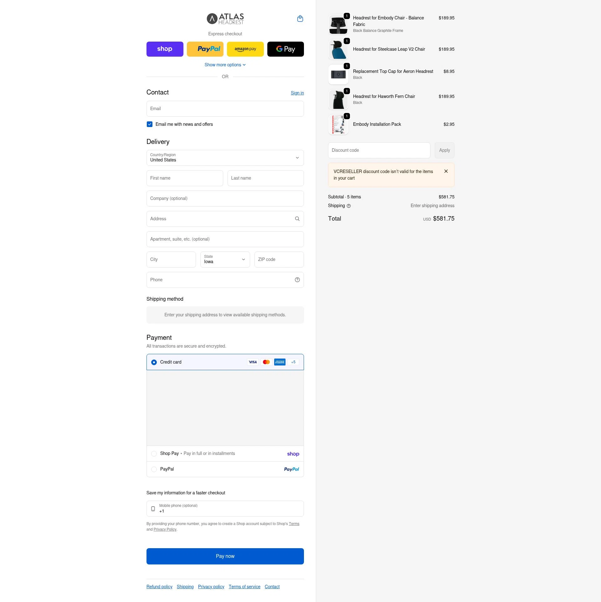 Atlas Headrest checkout page showing Atlas Headrest discount code box | Screenshot taken by SimplyCodes community member on Feb 6, 2026