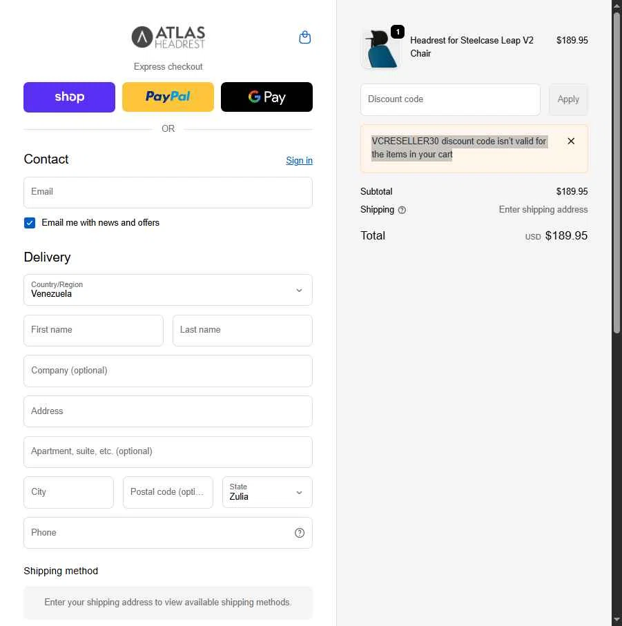 Atlas Headrest checkout page showing Atlas Headrest discount code box | Screenshot taken by SimplyCodes community member on Feb 5, 2026