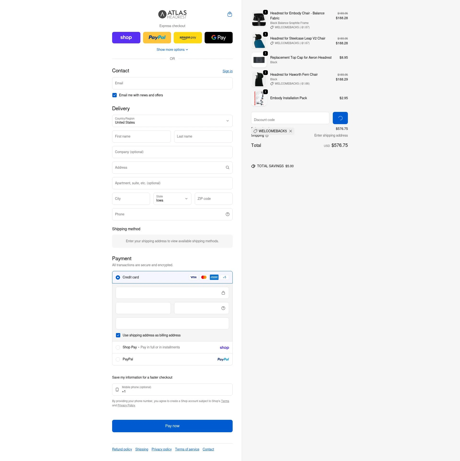 Atlas Headrest checkout page showing Atlas Headrest discount code box | Screenshot taken by SimplyCodes community member on Feb 1, 2026