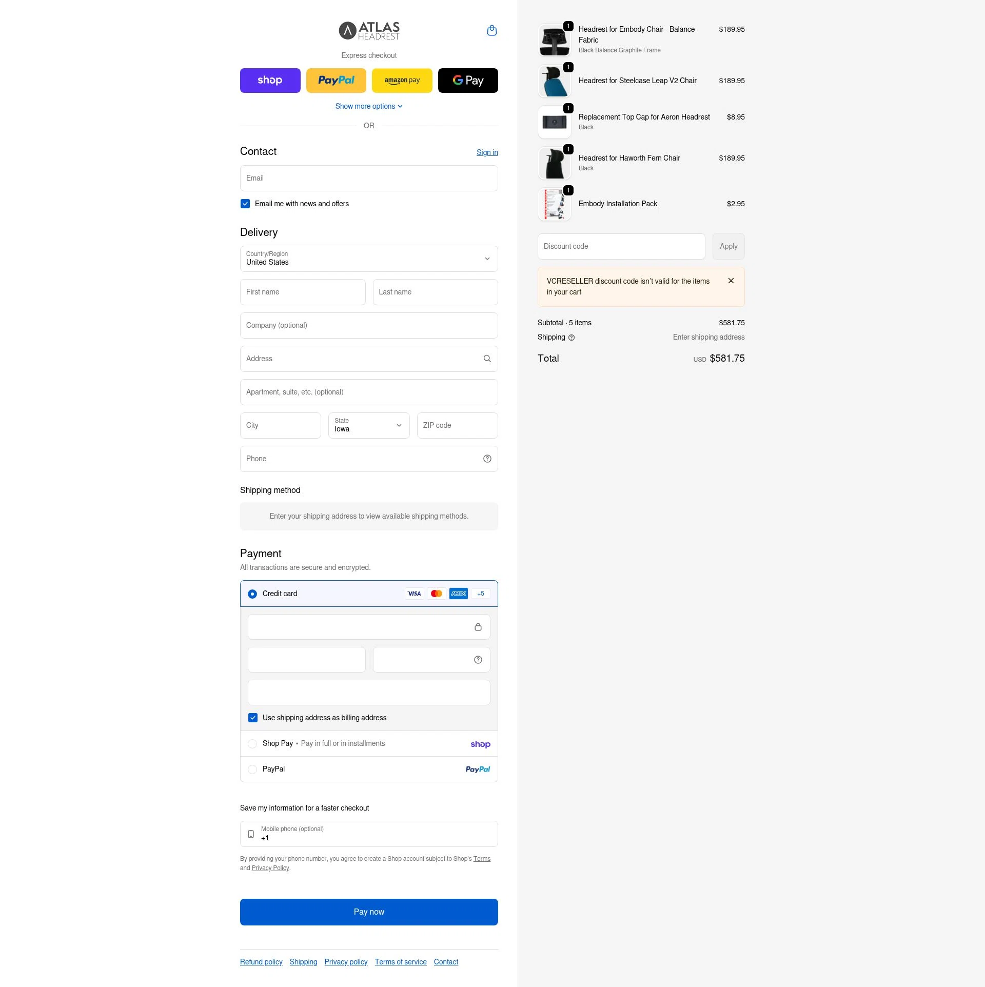 Atlas Headrest checkout page showing Atlas Headrest discount code box | Screenshot taken by SimplyCodes community member on Feb 1, 2026