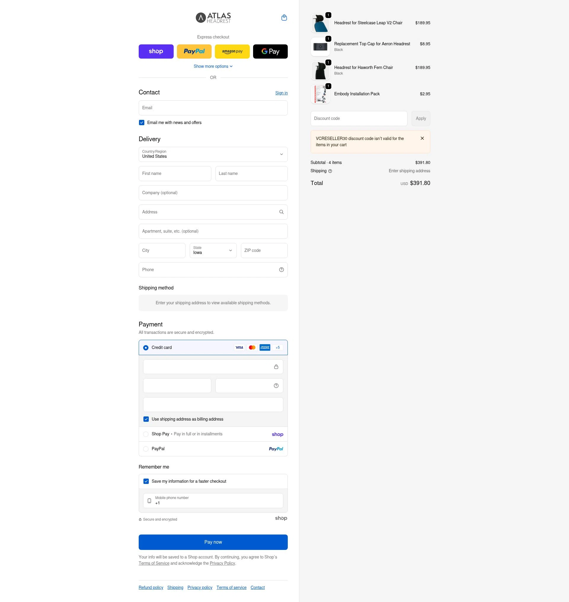 Atlas Headrest checkout page showing Atlas Headrest discount code box | Screenshot taken by SimplyCodes community member on Jan 28, 2026