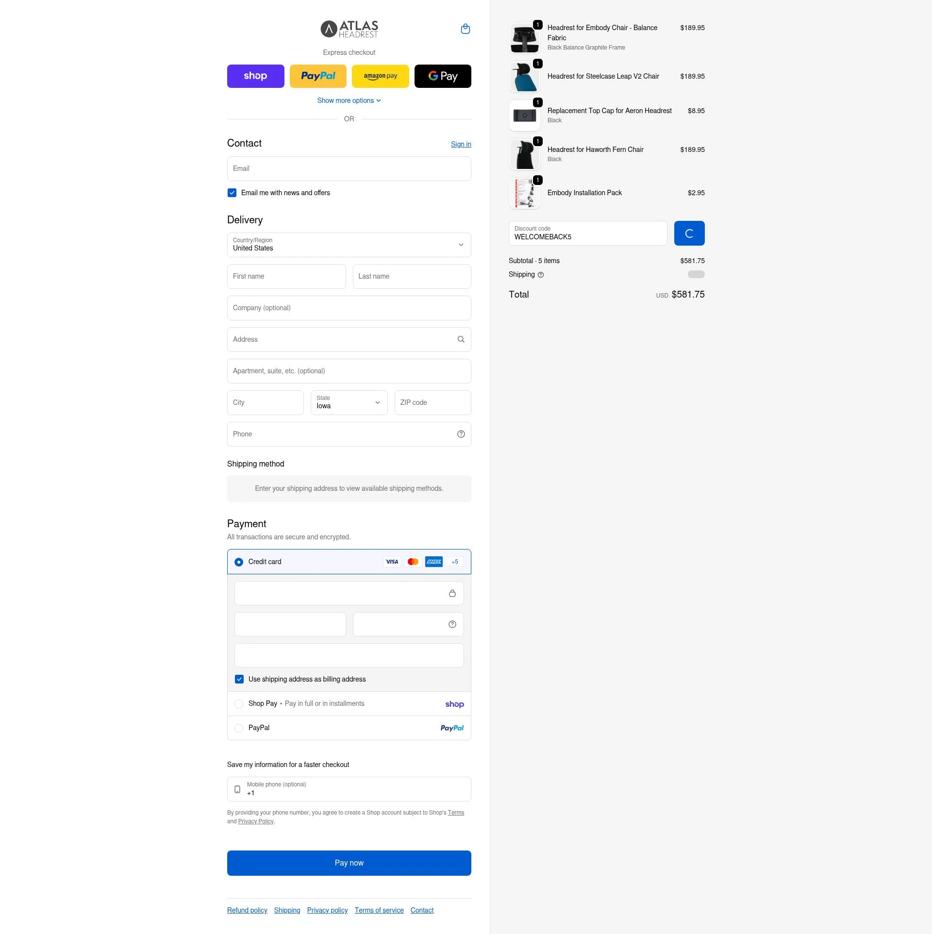 Atlas Headrest checkout page showing Atlas Headrest discount code box | Screenshot taken by SimplyCodes community member on Feb 6, 2026