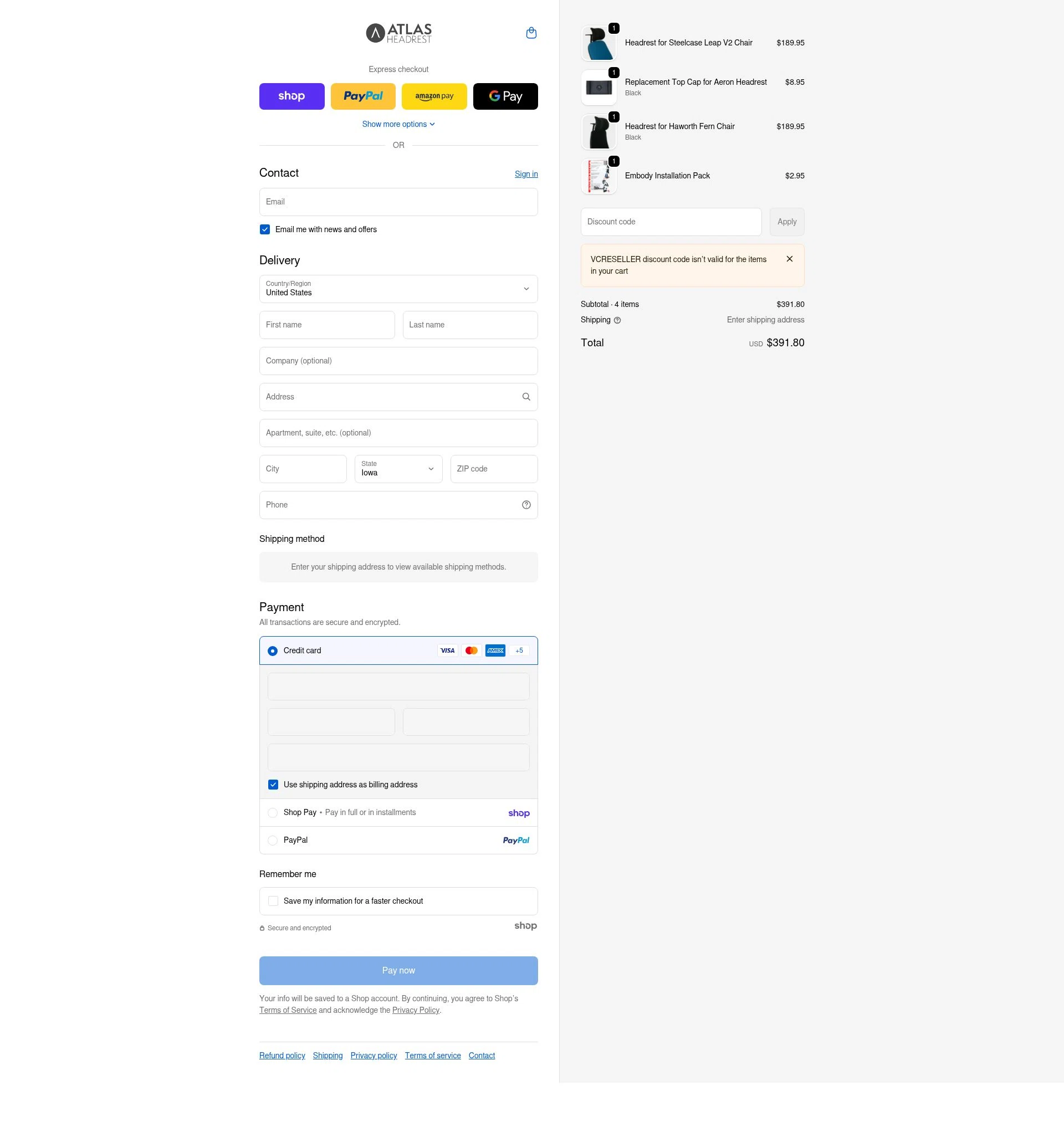 Atlas Headrest checkout page showing Atlas Headrest discount code box | Screenshot taken by SimplyCodes community member on Jan 28, 2026