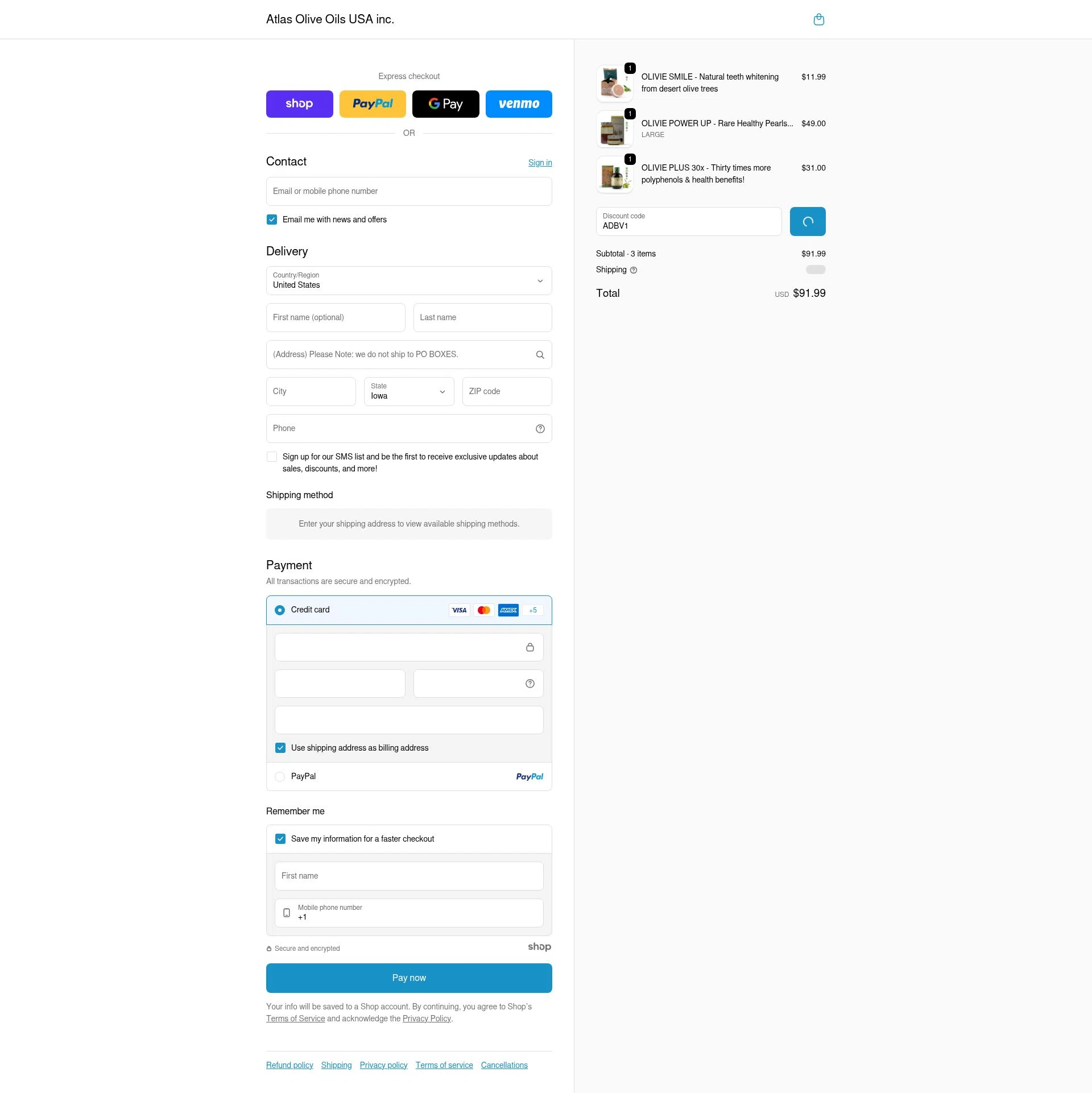 Atlas Olive Oils checkout page showing Atlas Olive Oils promo code box | Screenshot taken by SimplyCodes community member on Jan 8, 2026