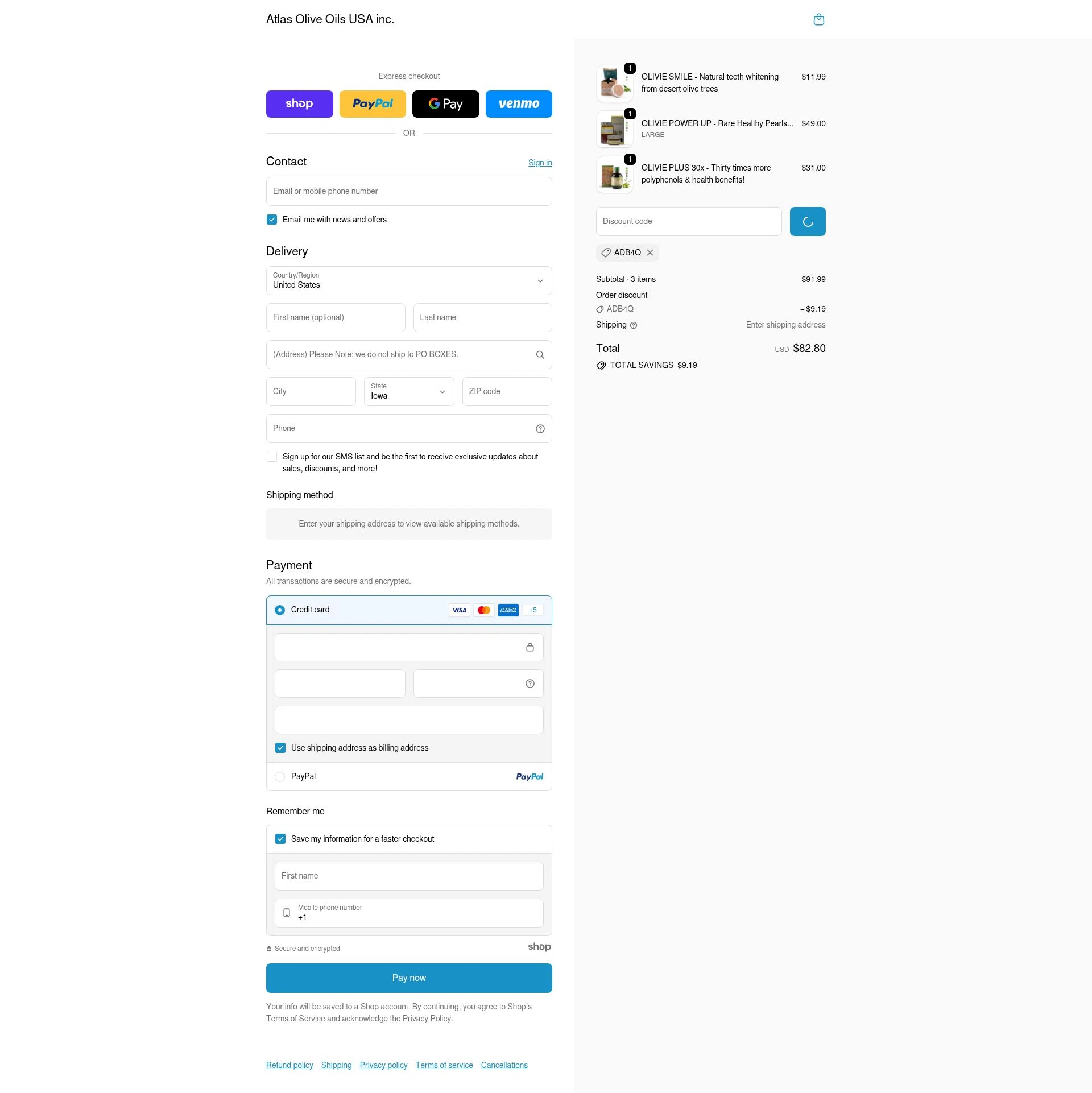 Atlas Olive Oils checkout page showing Atlas Olive Oils promo code box | Screenshot taken by SimplyCodes community member on Jan 8, 2026
