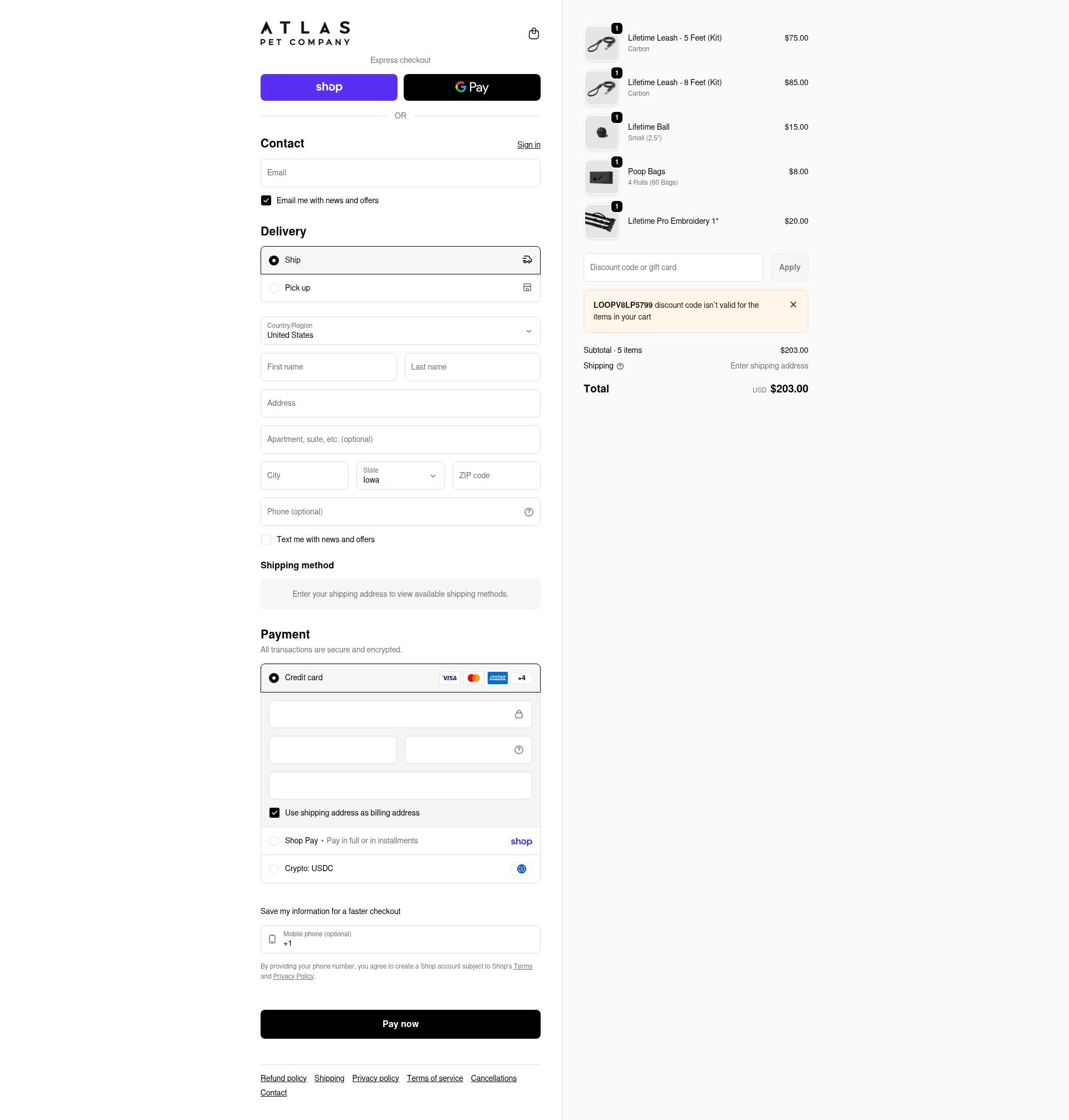 Atlas Pet Company checkout page showing Atlas Pet Company discount code box | Screenshot taken by SimplyCodes community member on Feb 6, 2026