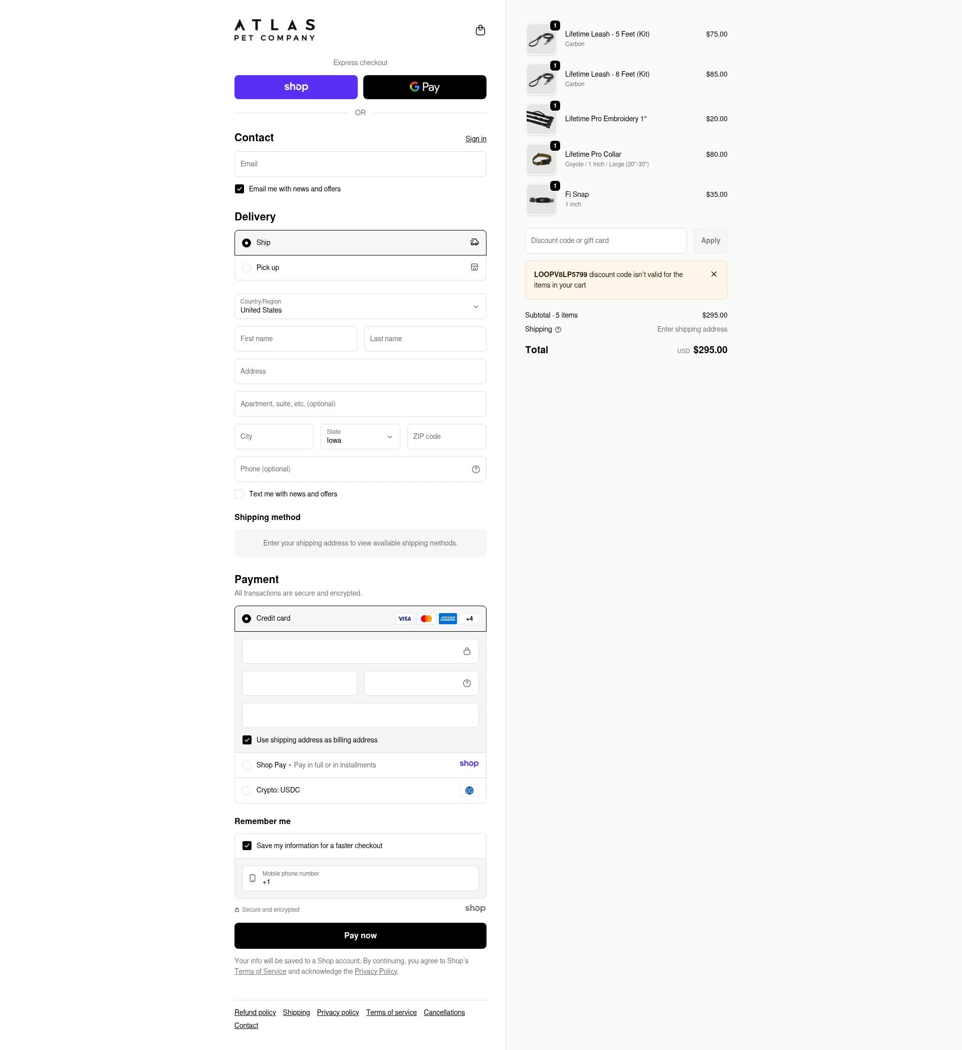 Atlas Pet Company checkout page showing Atlas Pet Company discount code box | Screenshot taken by SimplyCodes community member on Jan 14, 2026