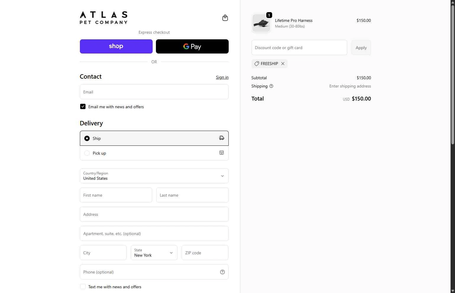 Atlas Pet Company checkout page showing Atlas Pet Company discount code box | Screenshot taken by SimplyCodes community member on Feb 6, 2026