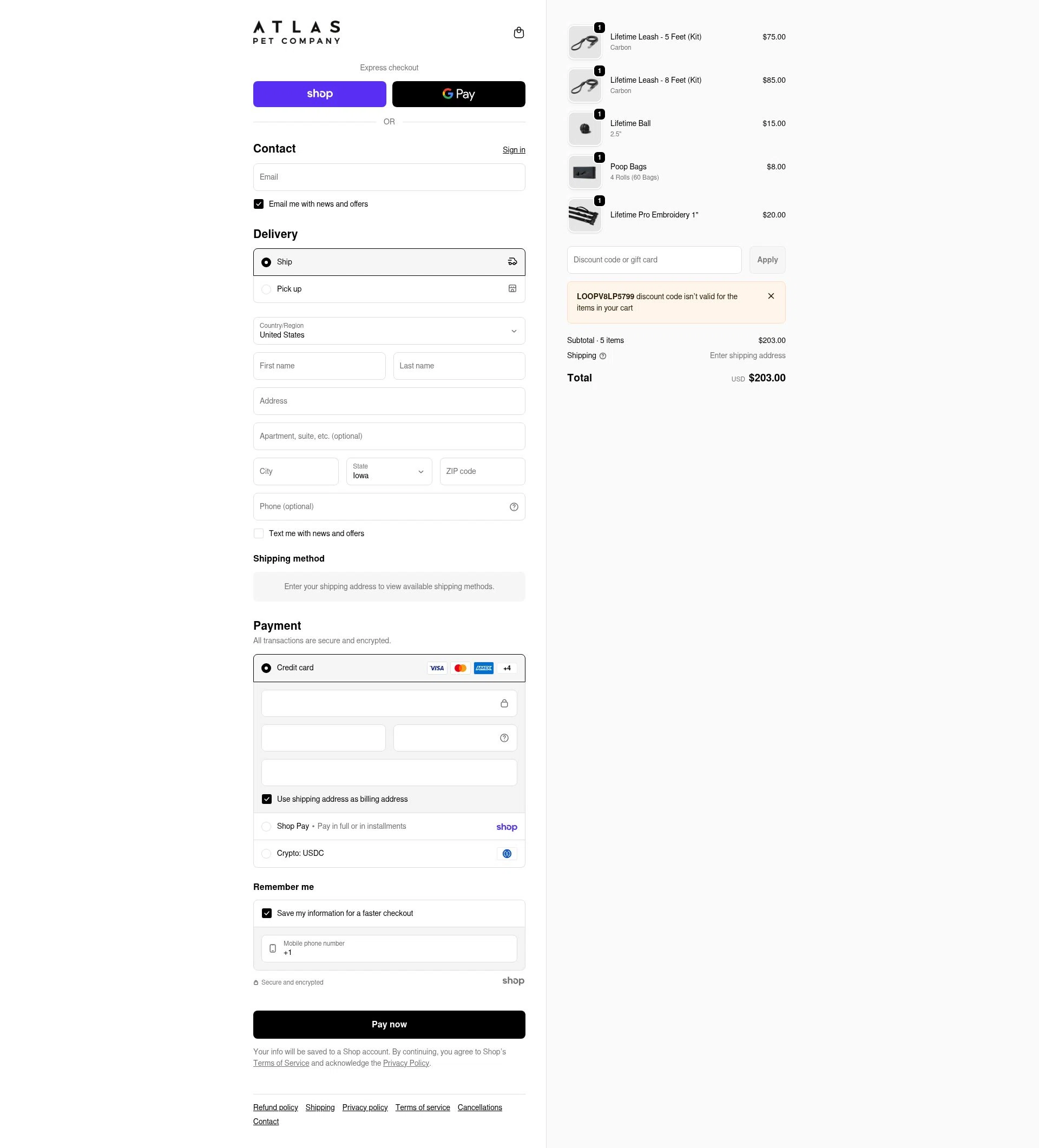 Atlas Pet Company checkout page showing Atlas Pet Company discount code box | Screenshot taken by SimplyCodes community member on Jan 24, 2026