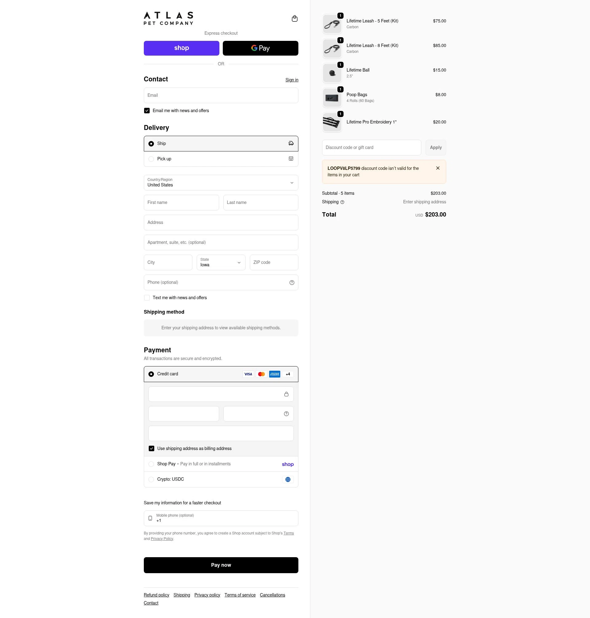 Atlas Pet Company checkout page showing Atlas Pet Company discount code box | Screenshot taken by SimplyCodes community member on Feb 2, 2026
