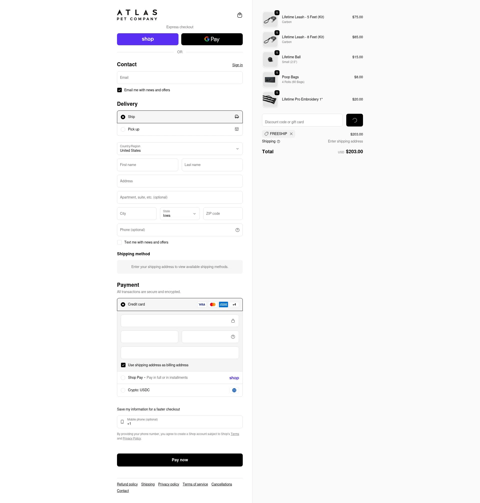 Atlas Pet Company checkout page showing Atlas Pet Company discount code box | Screenshot taken by SimplyCodes community member on Feb 6, 2026