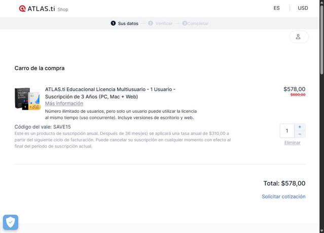 ATLAS.ti checkout page showing ATLAS.ti promo code box | Screenshot taken by SimplyCodes community member on Apr 24, 2025