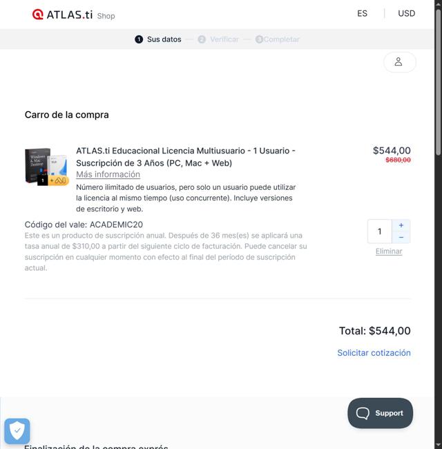 ATLAS.ti checkout page showing ATLAS.ti promo code box | Screenshot taken by SimplyCodes community member on Jul 7, 2025