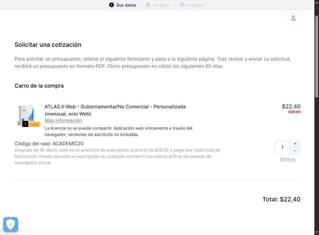 ATLAS.ti checkout page showing ATLAS.ti promo code box | Screenshot taken by SimplyCodes community member on Apr 30, 2025