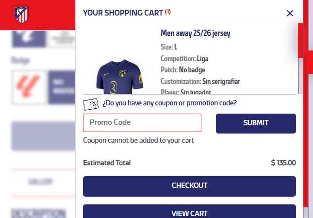 Atletico de Madrid checkout page showing Atletico de Madrid promo code box | Screenshot taken by SimplyCodes community member on Aug 24, 2025