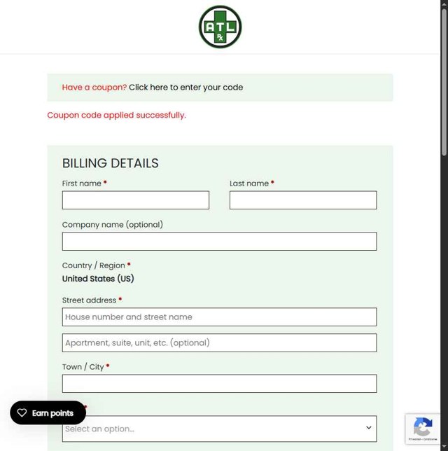 ATL Rx checkout page showing ATL Rx promo code box | Screenshot taken by SimplyCodes community member on Jul 23, 2025