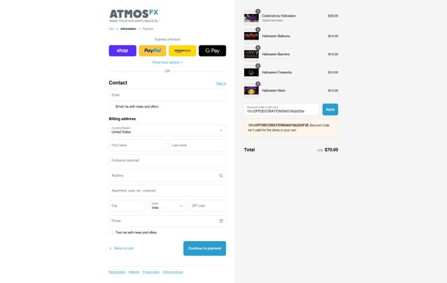 AtmosFX checkout page showing AtmosFX discount code box | Screenshot taken by SimplyCodes community member on Sep 14, 2025