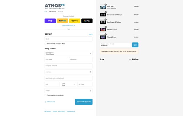 AtmosFX checkout page showing AtmosFX discount code box | Screenshot taken by SimplyCodes community member on Aug 28, 2025