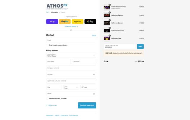 AtmosFX checkout page showing AtmosFX discount code box | Screenshot taken by SimplyCodes community member on Sep 14, 2025