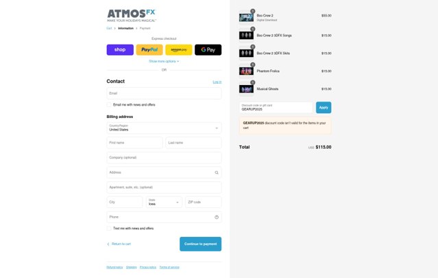 AtmosFX checkout page showing AtmosFX discount code box | Screenshot taken by SimplyCodes community member on Aug 28, 2025