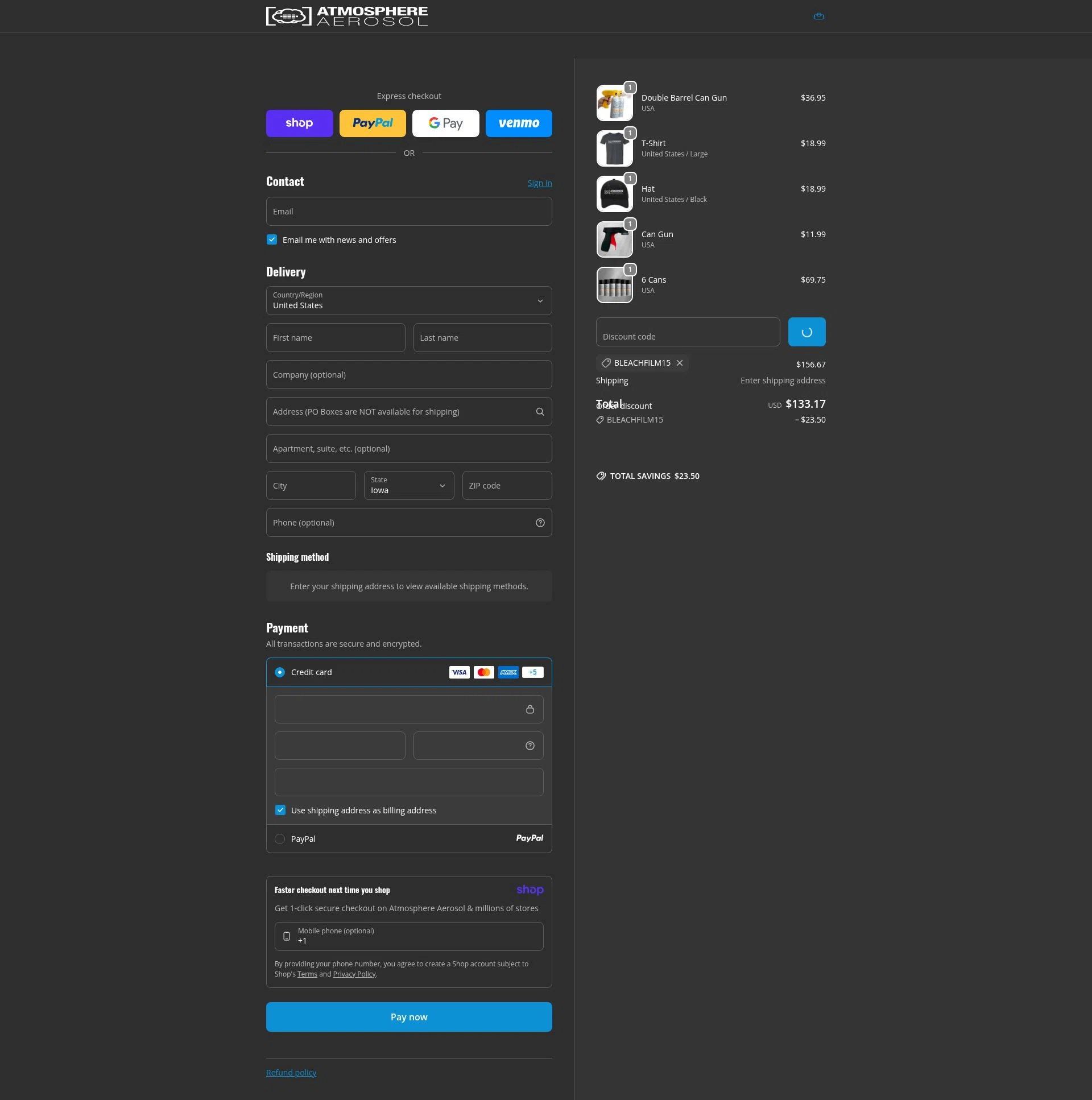 Atmosphere Aerosol checkout page showing Atmosphere Aerosol discount code box | Screenshot taken by SimplyCodes community member on Jan 10, 2026