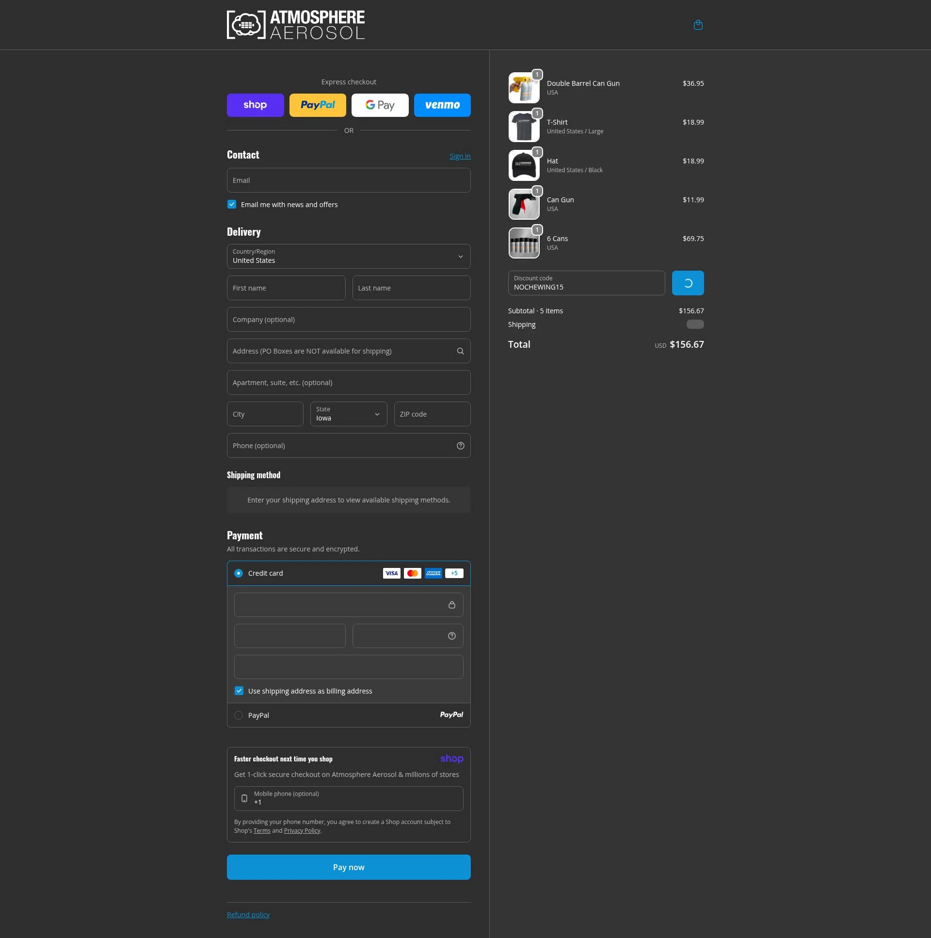 Atmosphere Aerosol checkout page showing Atmosphere Aerosol discount code box | Screenshot taken by SimplyCodes community member on Jan 10, 2026