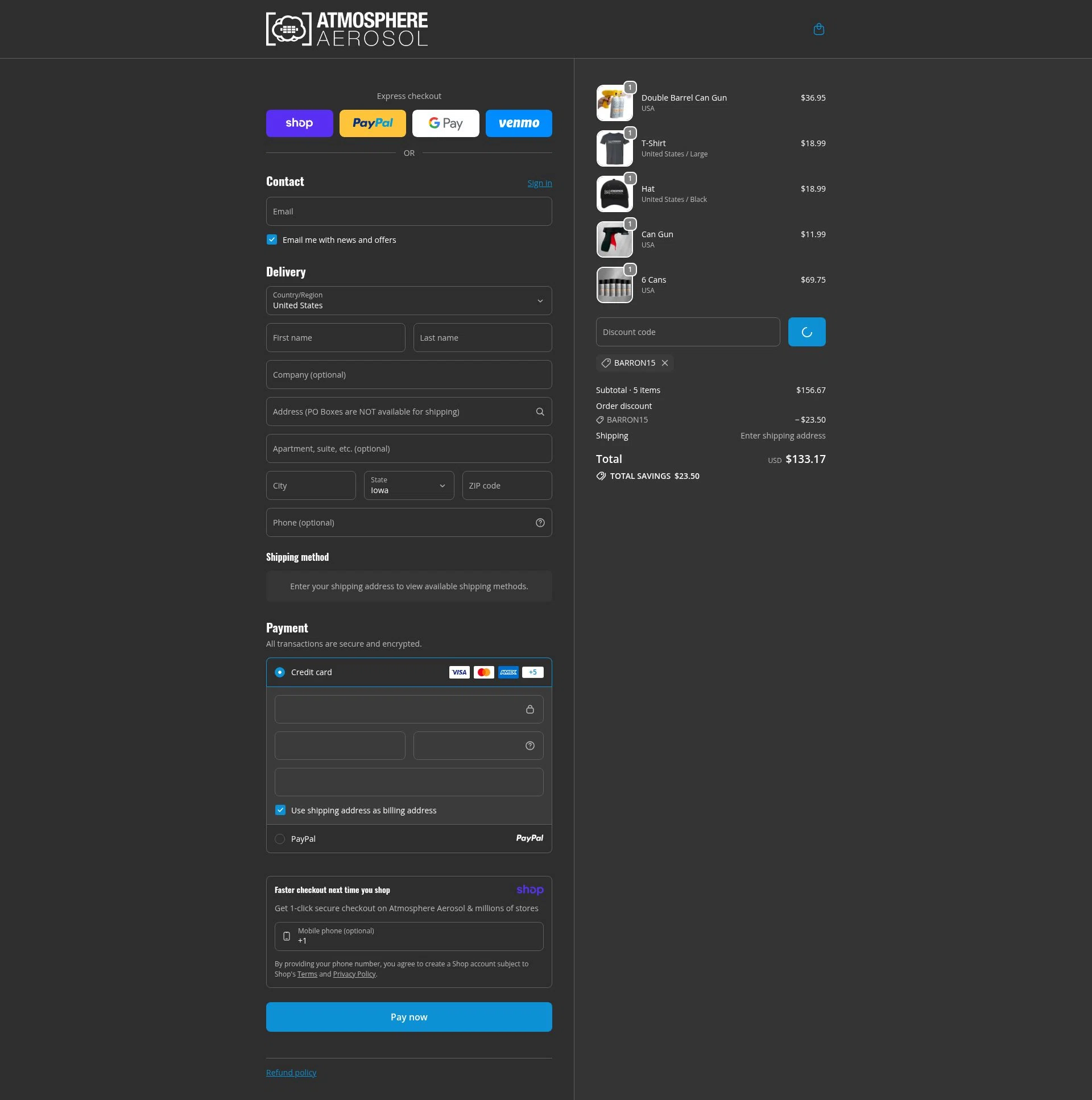 Atmosphere Aerosol checkout page showing Atmosphere Aerosol discount code box | Screenshot taken by SimplyCodes community member on Jan 10, 2026